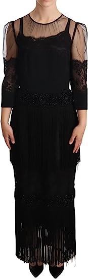 Dolce & Gabbana Black Sheer Floral Lace Crystal Maxi Dress