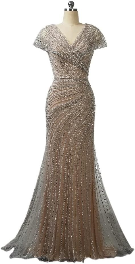 Women's Evening Gown Silver V-Neck Evening Dresses Beaded Sparkle Party Gowns for Women Wedding