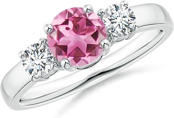 Angara Natural Pink Tourmaline and Diamond Three Stone Ring for Women, Girls in 14K Solid Platinum | October Birthstone Jewelry Gift for Her | Wedding | Anniversary | Enagagement