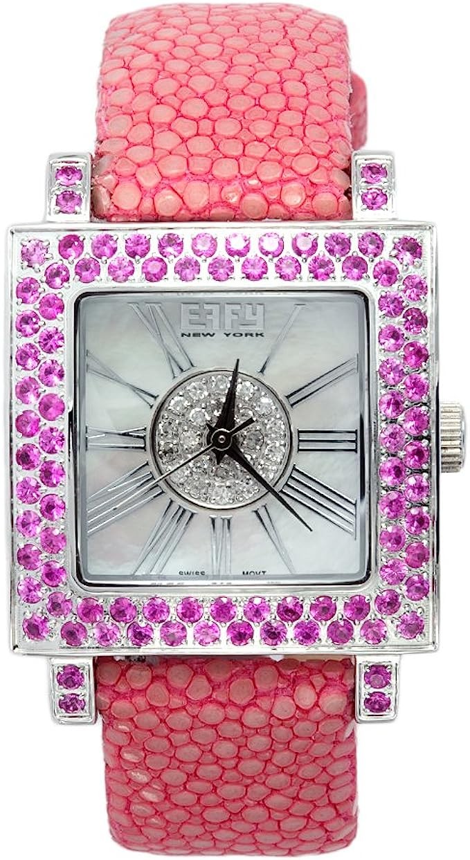 Pink Sapphire 3.37 Tcw Pave Dial Luxury Swiss Quartz Exotic Leather Band Watch