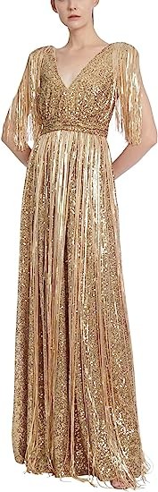Badgley Mischka Gold Sequined Evening Gown with Fringes