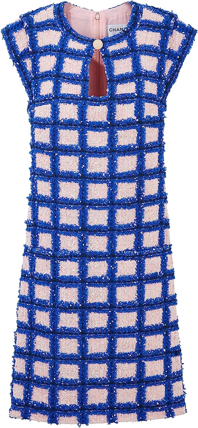 CHANEL, Pre-Loved Blue & Pink Tweed Cap Sleeve Mini Dress