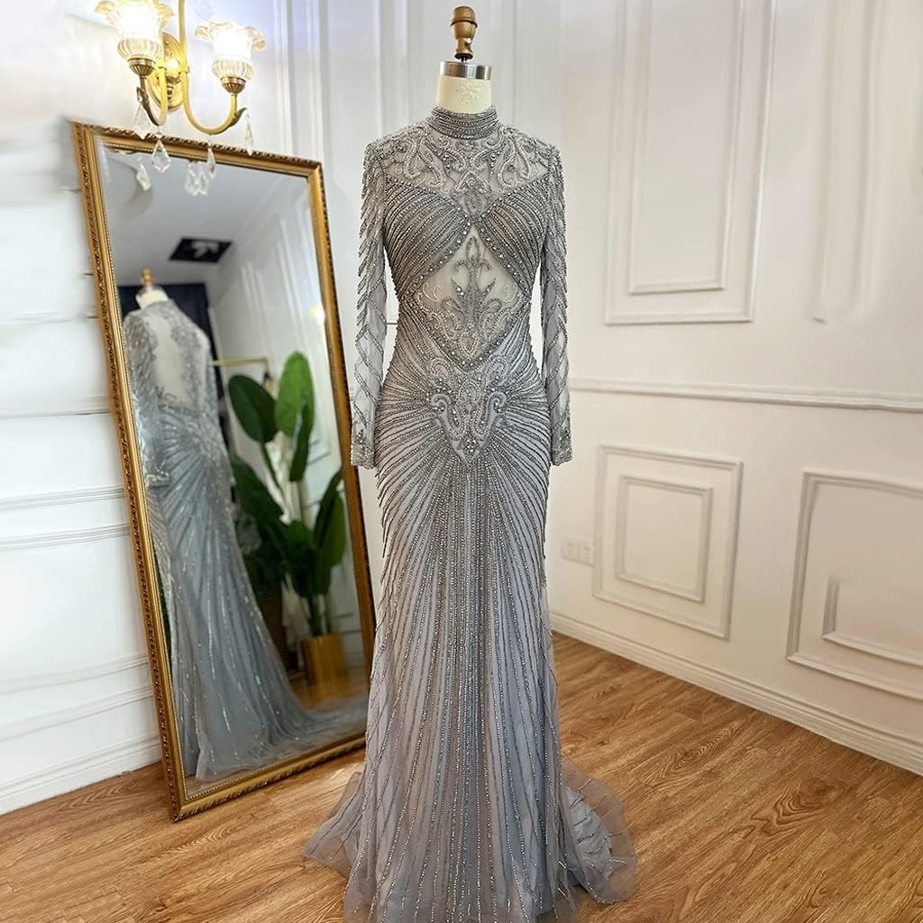 Women's Party Dinner Long Sleeve Evening Gown Slim Dress Dinner Formal Beaded Maxi Dress