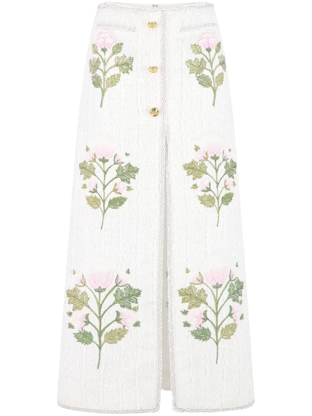 rose-embroidered tweed skirt