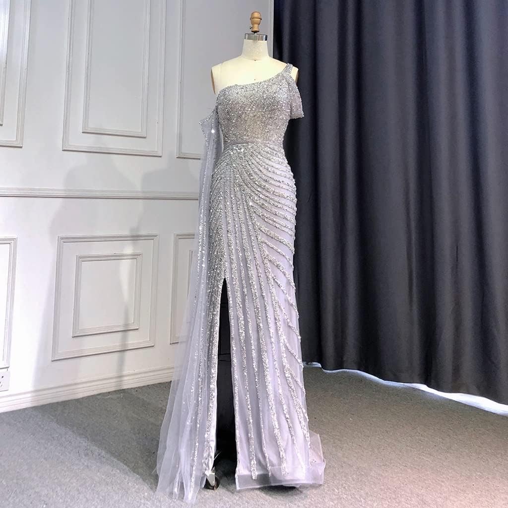 Women's Shawl Sleeve Evening Dress Beaded Party Oblique Shoulder Dress Closed Waist Tight Maxi Skirt