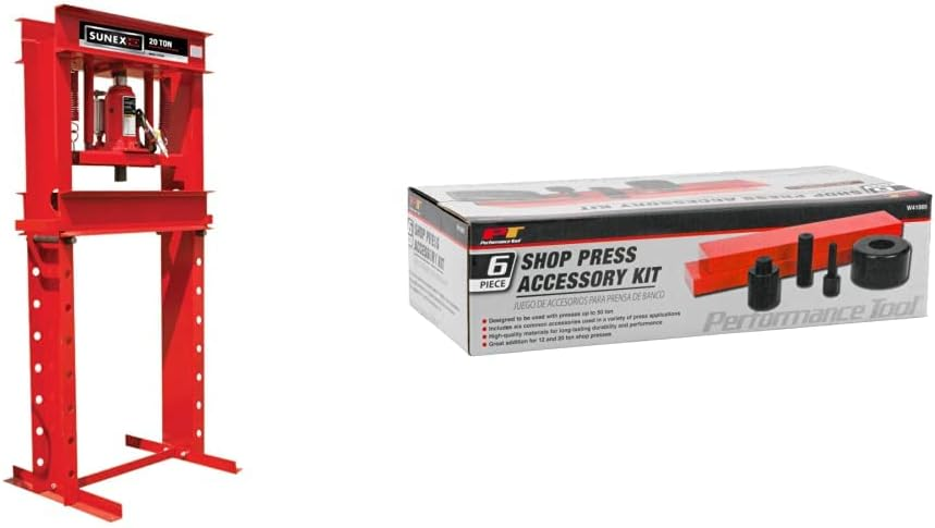 Sunex 5720AH Fully-Welded Air/Hydraulic Shop Press, 20 Tons & Performance Tool W41065 6-Piece Shop Press Accessory Kit for Presses Up to 50-ton