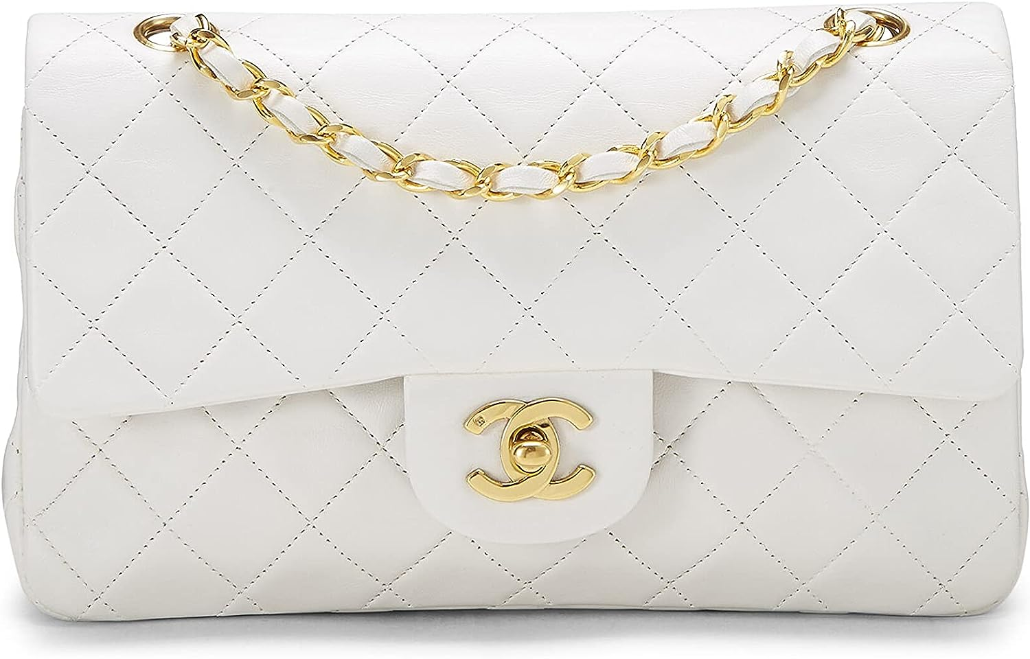 CHANEL Pre-Loved White Quilted Lambskin Classic Double Flap Small, White
