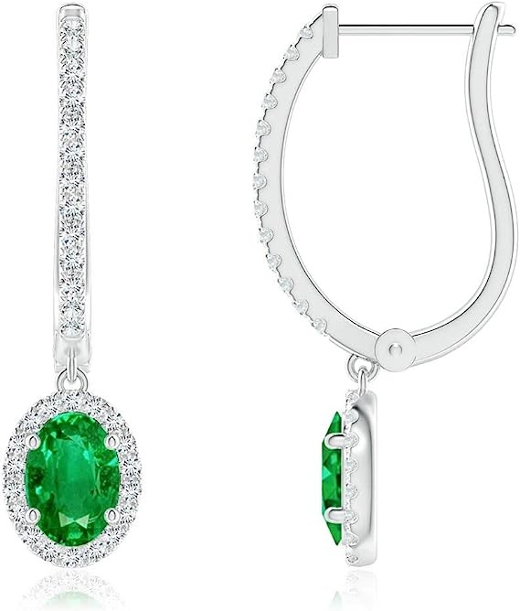 ANGARA Natural Emerald Halo Earrings for Women Girls in 14K Solid White Gold | May Birthstone Jewelry Gift for Her | Birthday | Wedding | Anniversary