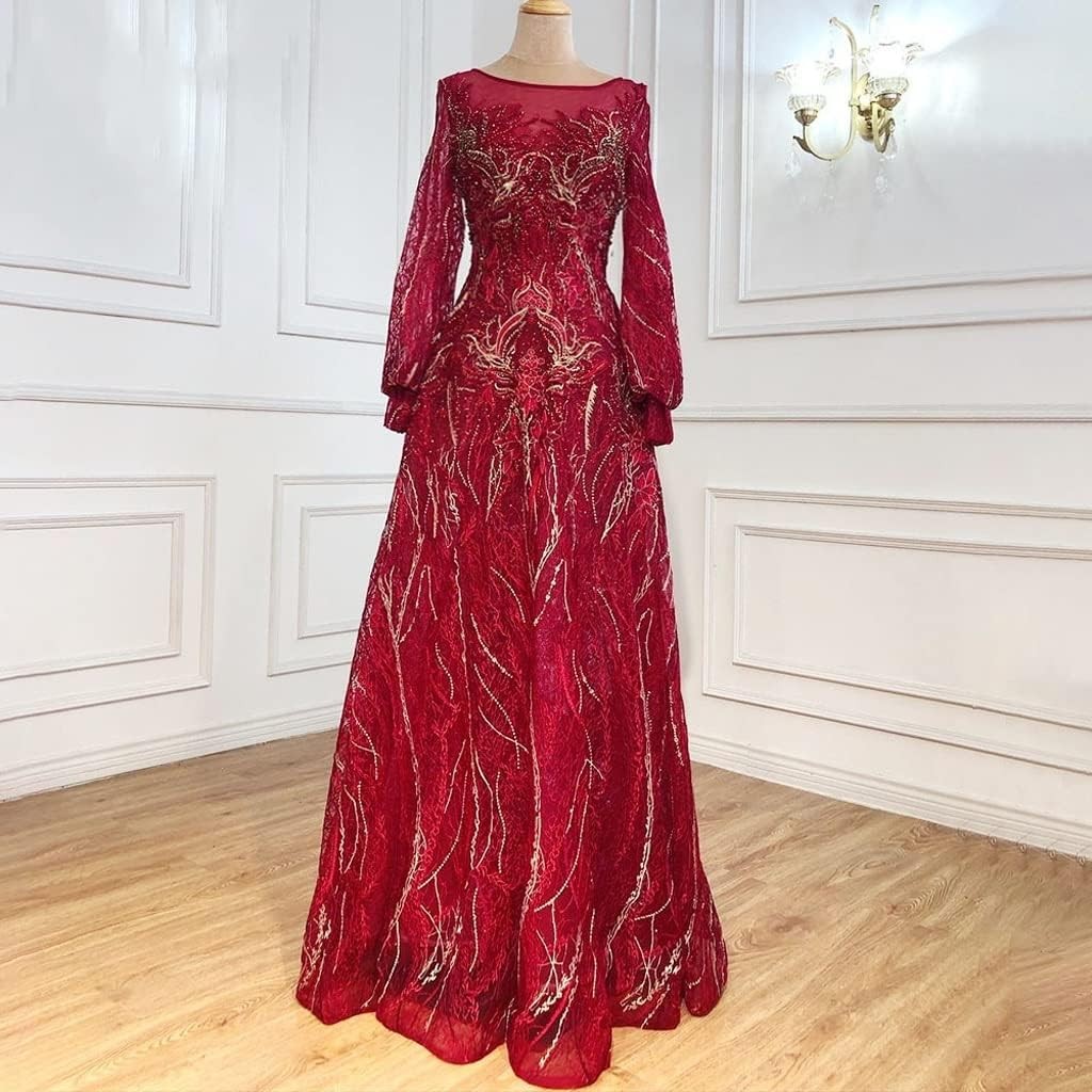 Woman Evening Dress A-Line Evening Dresses Lantern Long Sleeves Beading Lace Formal Dress - Red