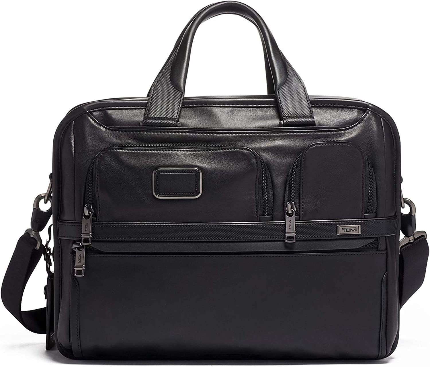 TUMI Alpha 3 Expandable Organizer Leather Laptop Briefcase - 15-Inch Computer Bag for Men and Women - Black