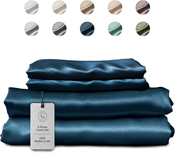 Colorado Home Co Mulberry Silk Bed Sheets Set - 100% Silk Sheets, Flat Sheet, Deep Pocket Full Fitted Sheet, and Silk Pillowcase Twin Set, Midnight Blue, 4pcs King Size Bedding Sets