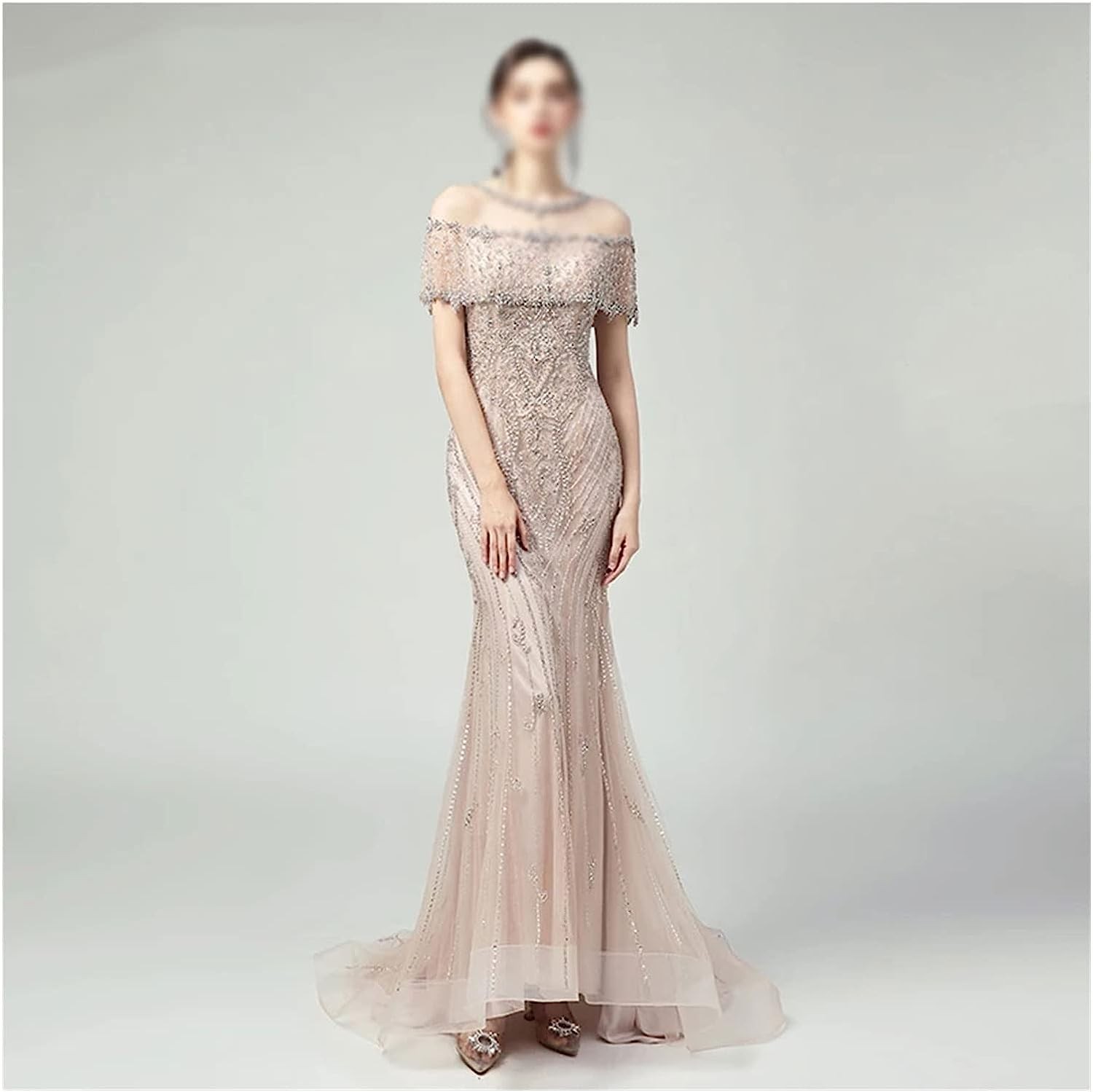 BBSJ Long Evening Dress Off Shoulder Floor Long Mermaid Evening Dress with Crystals