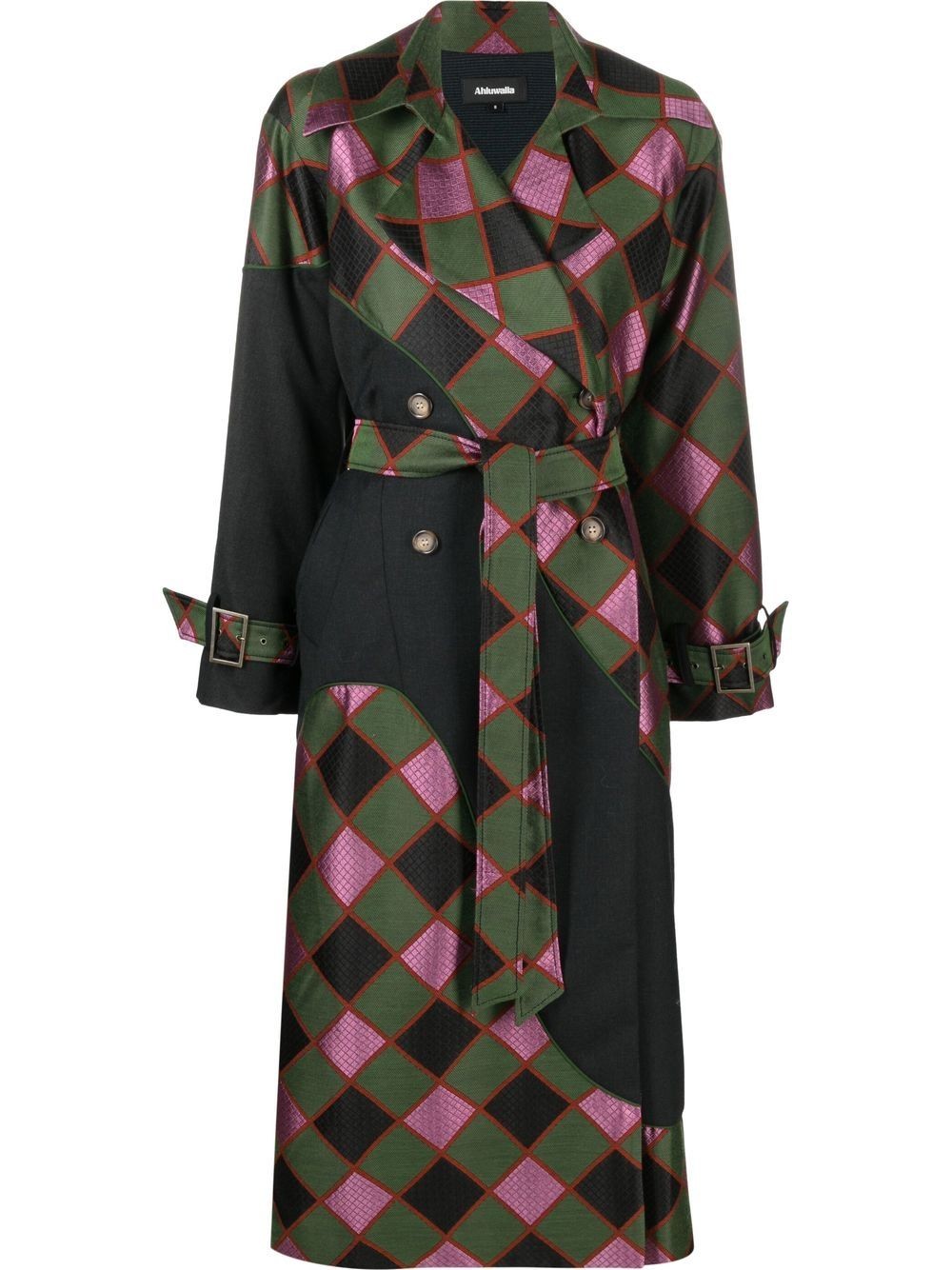 diamond-check trench coat