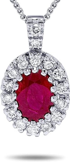 Jewelry Bliss 18k White Gold Red Ruby Genuine Gemstone and Diamond Halo Pendant Necklace For Women (Dia: 1/3 Carat) 18 Inch Chain