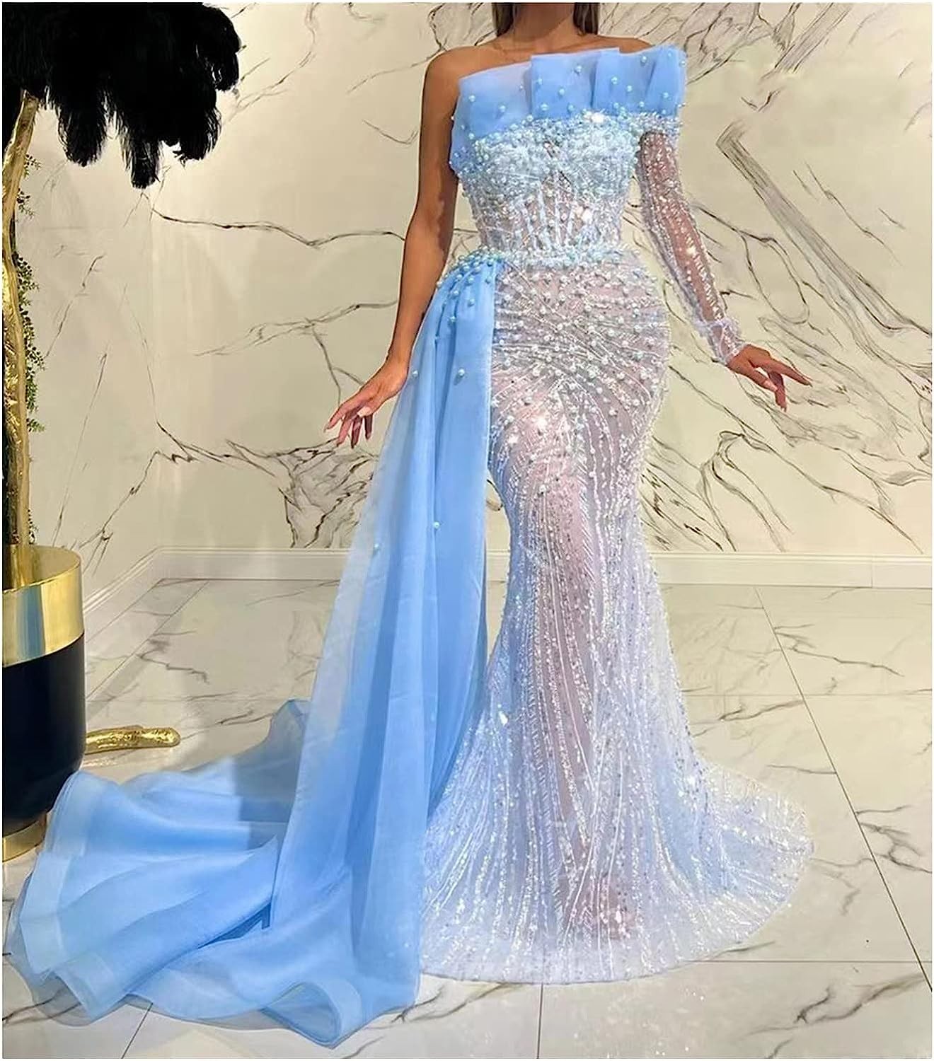 Elegant Sexy -Shoulder Evening Dresses Gowns Pearls Beaded Party