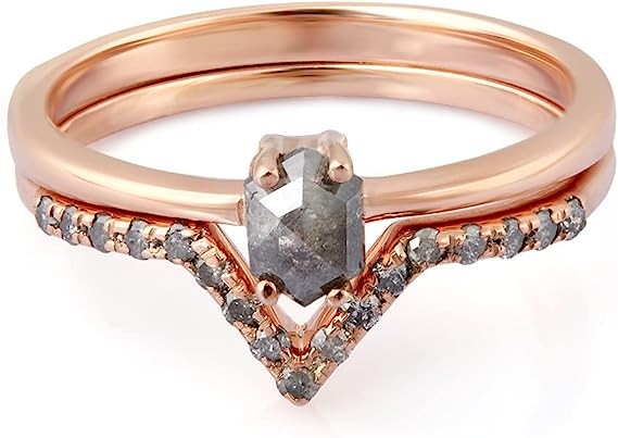 Dfine Jewelry Store Salt and Pepper Diamond Engagement Ring Set 0.57TCW Hexagon Rose Cut Solitaire Chevron Band 14k Rose Gold