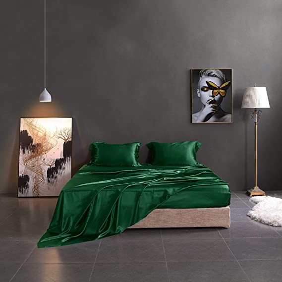 THXSILK Silk Sheets King Size, 4 Pcs 100% Mulberry Silk Bed Sheets, Flat Sheet Fitted Sheet Pillowcases Set – All Side 7A+ Top Grade Silk, Emerald Green